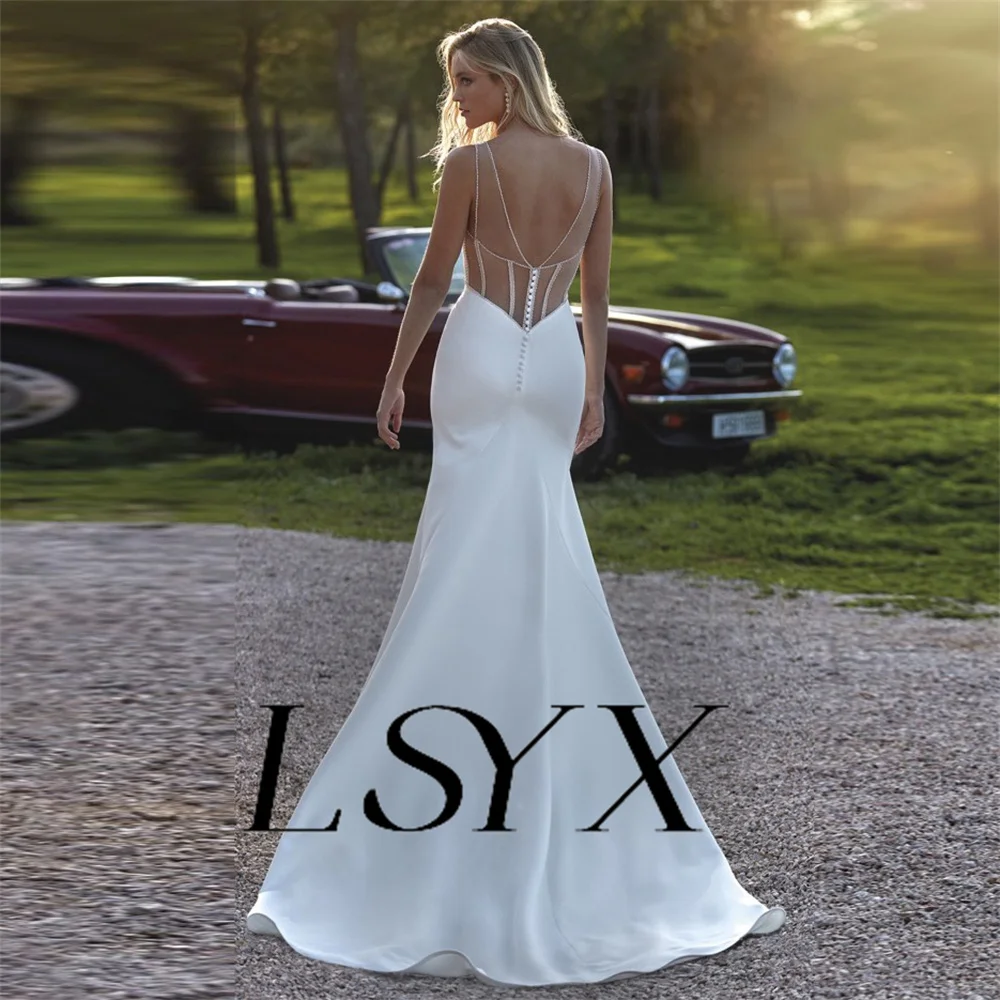 LSYX Simple Sweetheart Sleeveless Crepe Mermaid Wedding Dress For Women Illusion Back Sexy Floor Length Bridal Gown