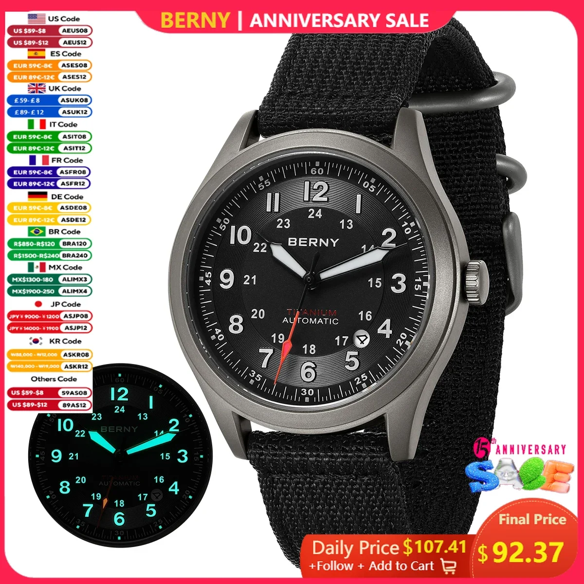 BERNY Titanium Automatic Men's Field Watches Date Sapphire Super Luminous Sports Easy Read Outdoor 10ATM Mechanical Pilot Watch