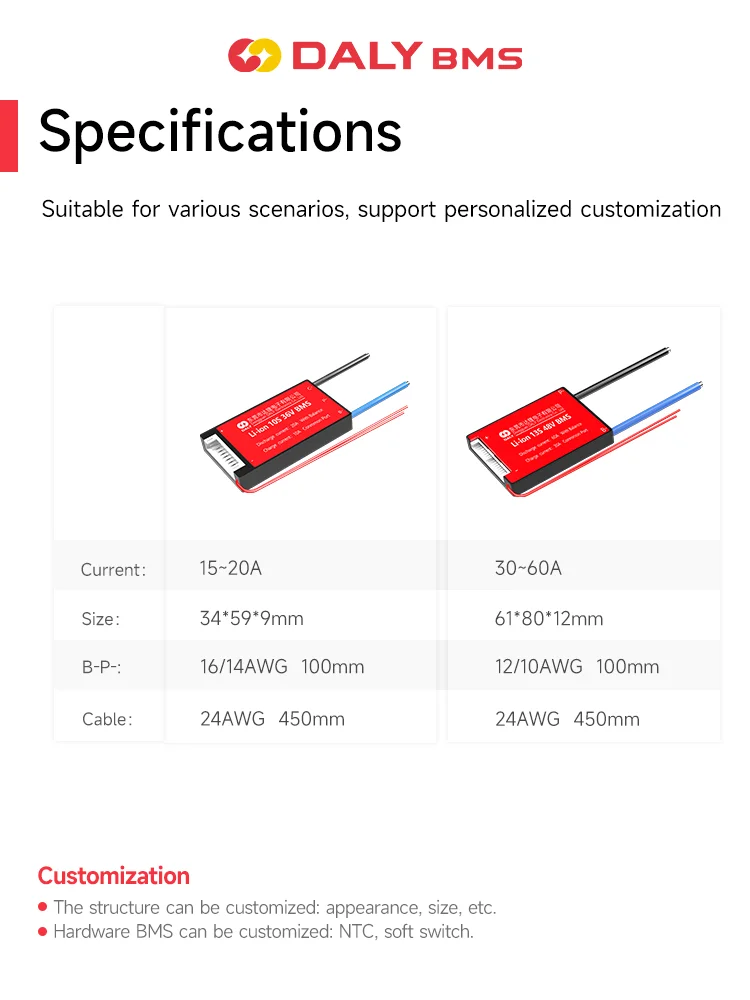 DALY-리튬 이온 BMS Lifepo4, 10S 36V 13S 48V 15A 20A 30A 40A 50A 60A, 18650 배터리 팩용 NTC 온도 센서 포함