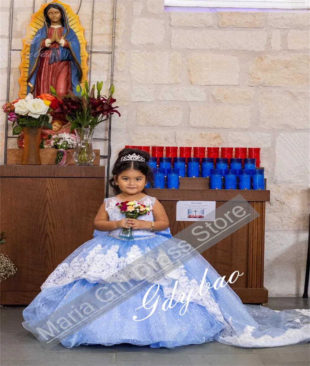 

Элегантное женское платье, голубое и белое кружевное детское платье с цветочным орнаментом со шлейфом, пушистое платье на первый день рождения, вечернее платье на заказ