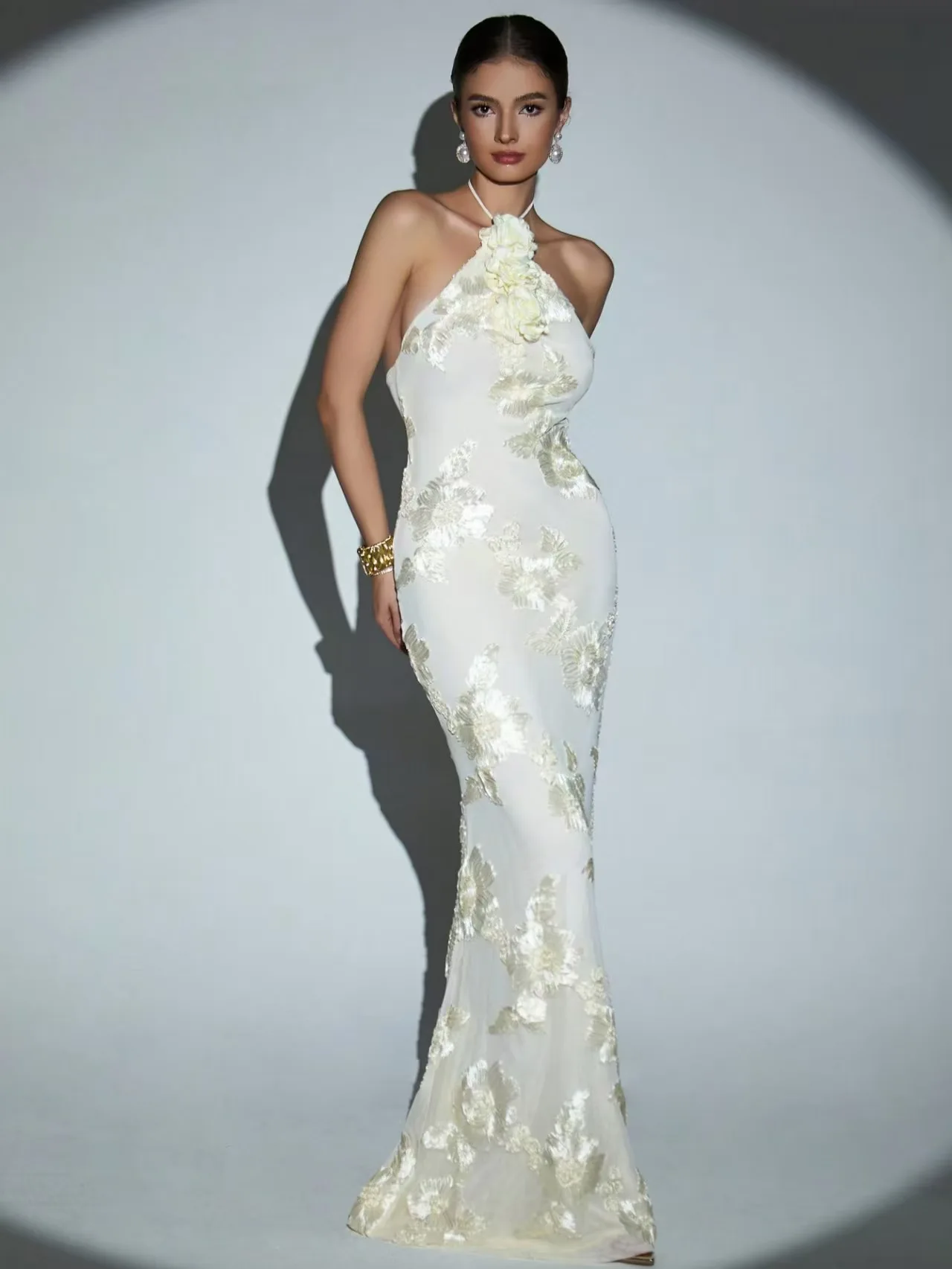 VOORRAAD Vrouwen Sexy Halter Uit de Schouder Borduren Bodycon Lange Jurk Elegante Avondfeest Verjaardag Cocktail Outfit