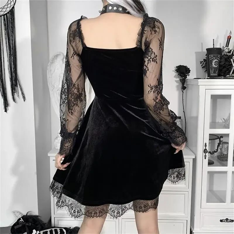 Robe Gothic en Velours en Dentelle pour Femme, Bretels Spaghetti, Punk, Mini Cami, Costume de ixCosplay