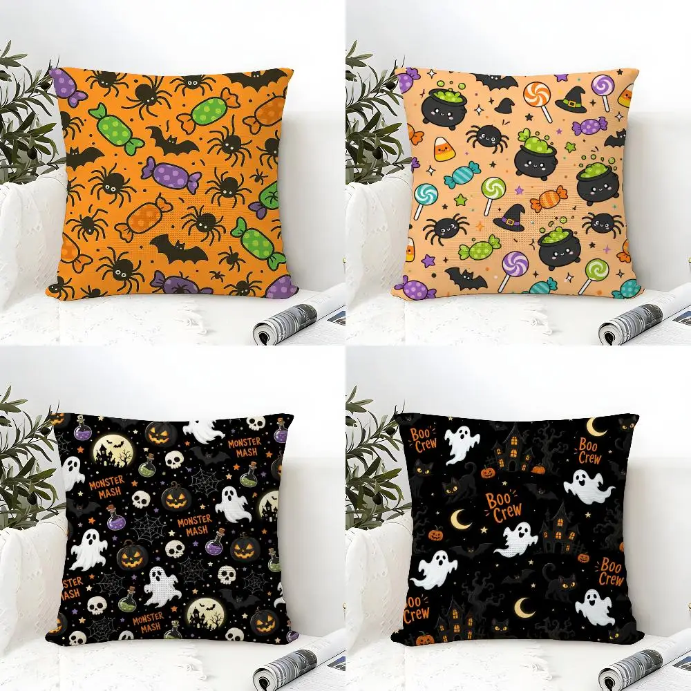 Black Halloween Horro Ghost Cushion Cover Natural Linen Organic Fabric Double-Sided Printing Breathable Perfect Gift For Decor