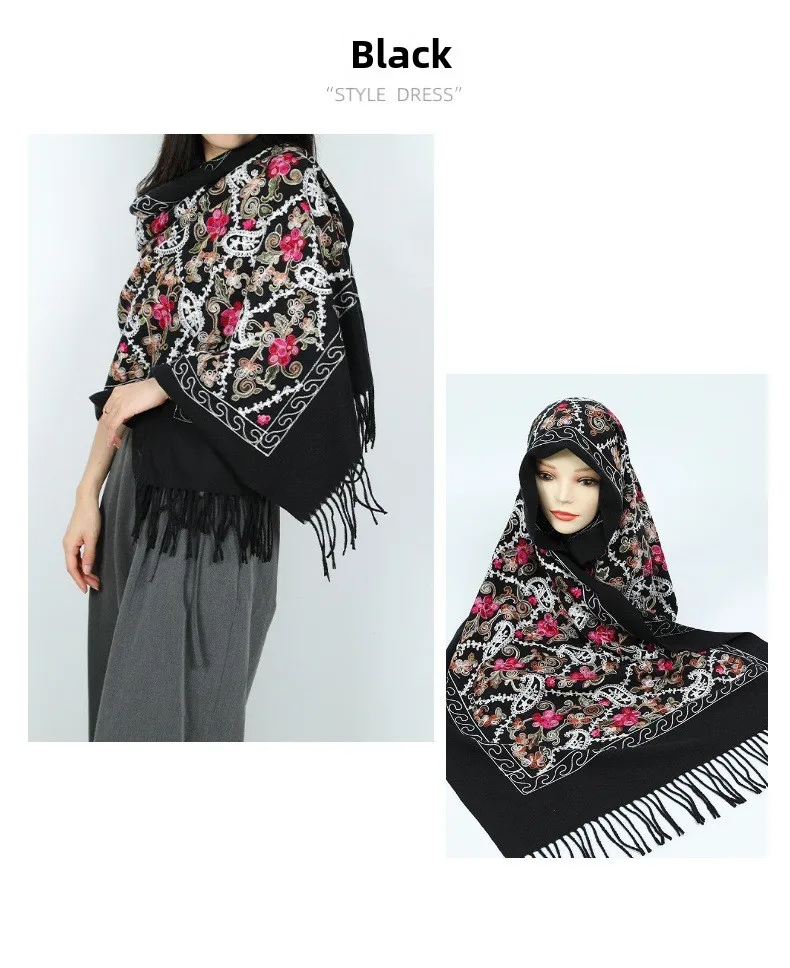 Pashmina Hijab Kaschmir Schal Damen Mode Licht Luxus Reise Stil Herbst und Winter Stickerei Schal Großer Schal Turban – Detail 19