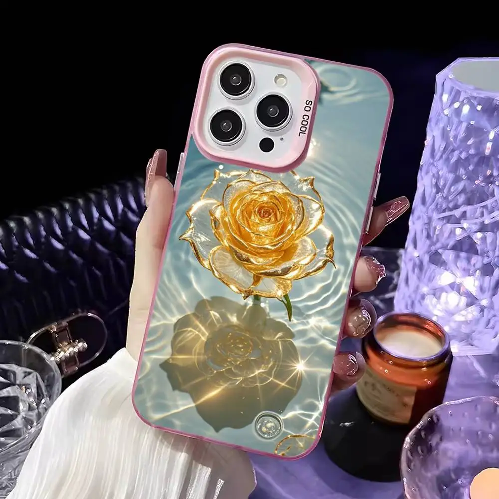 Piękne, eleganckie, złote etui na telefon w kształcie róży do iPhone'a 16, 15, 14, 13, 12, 11, Mini, Pro, MAX, różowe, matowe, odporne na wstrząsy.