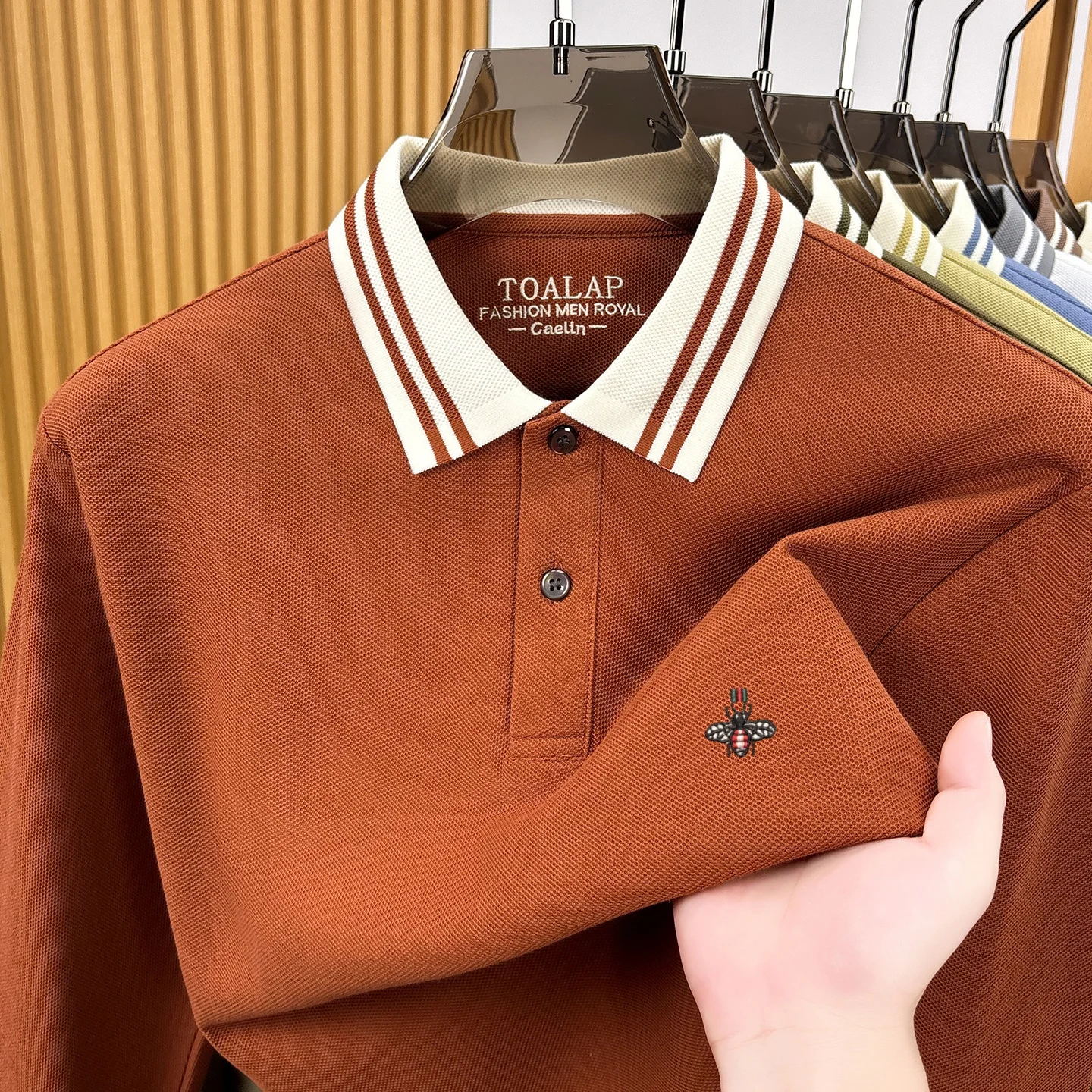 100% Pure Cotton Long Sleeve Polo Shirt Luxury Brand Bee Embroidery Design Business Leisure Spring Autumn Comfort Men's T‑Shirt
