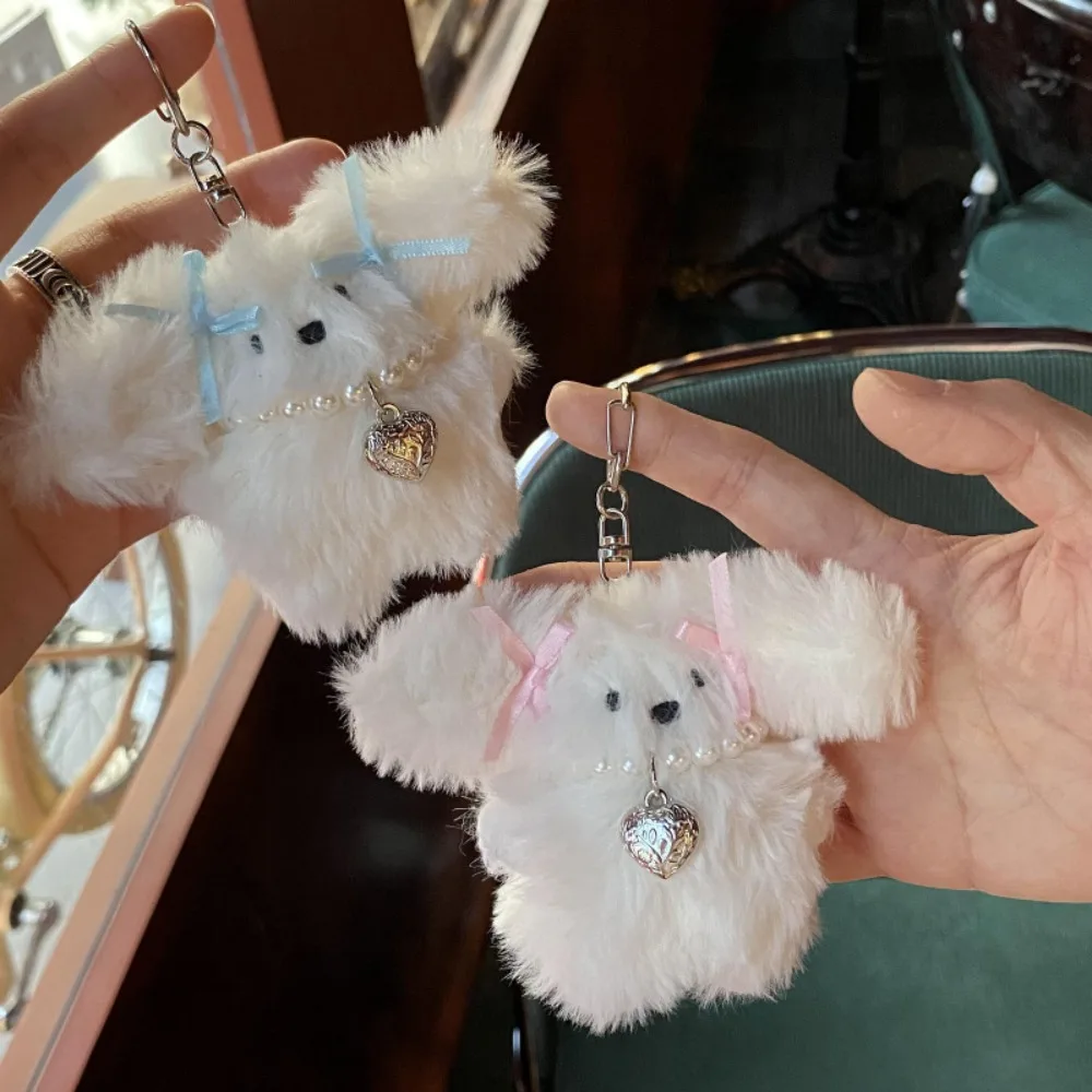 

Lovely Pearl Puppy Plush Key Ring Alloy Bow Plush Rabbit Pendant White Ribbon Cartoon Animal Keychain Girl