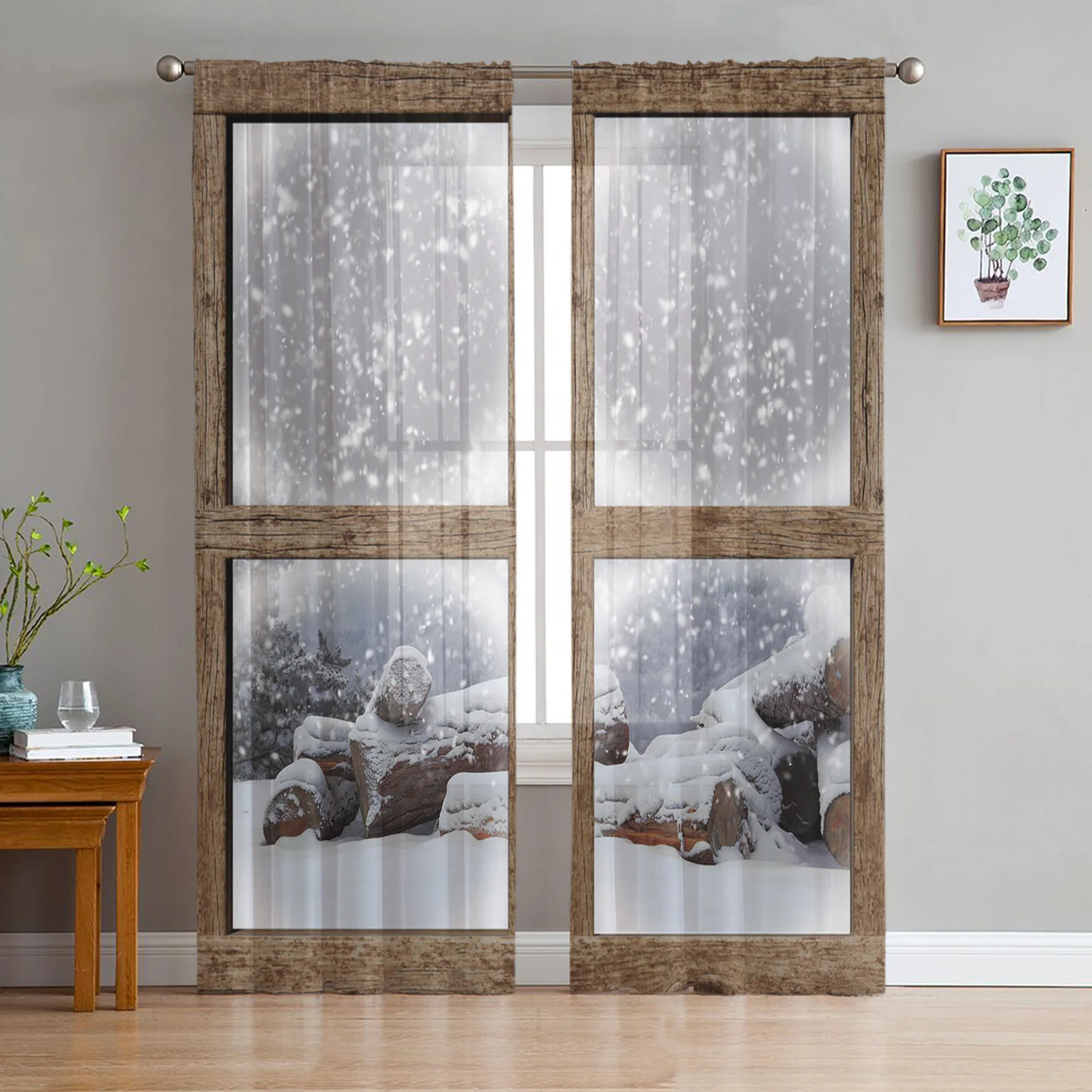 

Snowflake Wooden Window Sheer Curtains for Living Room The Bedroom Voile Organza Decorative Curtain Drapes Tulle Curtains