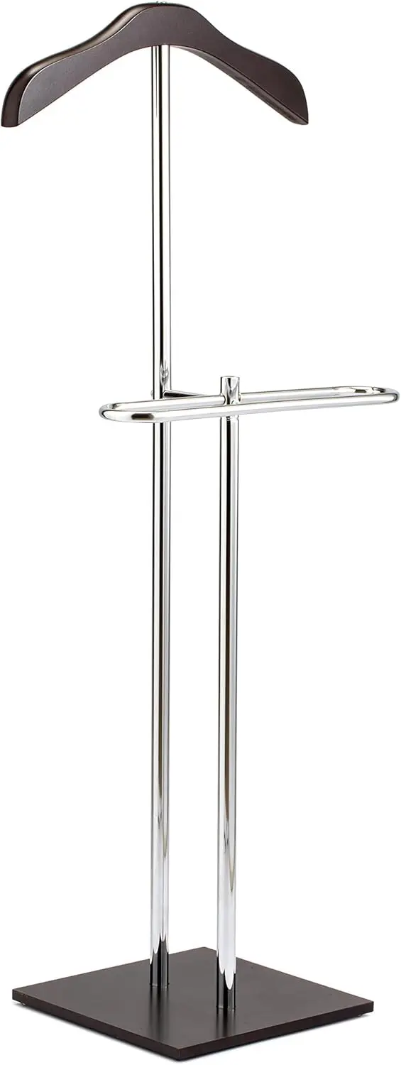 

Brown Wood and Metal Valet and Suit Stand, Executive Men's Garment Organizer Rack Coat and Pants Hanger