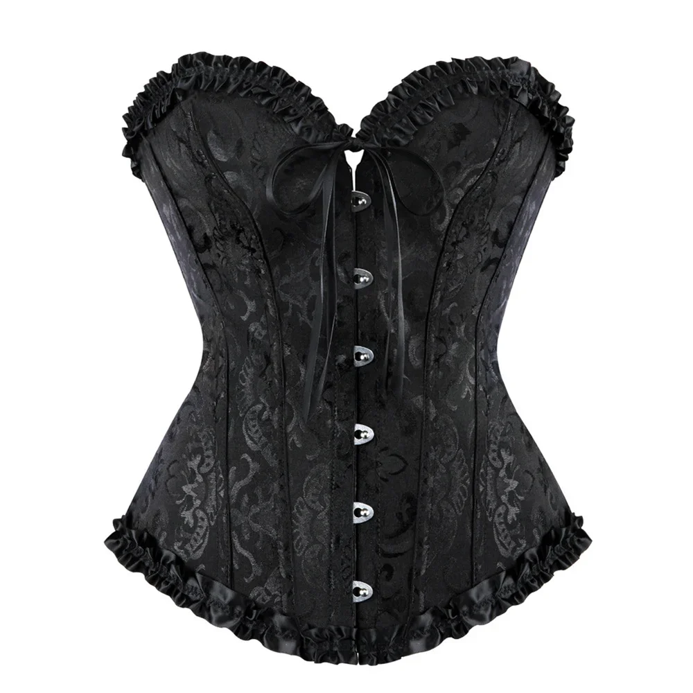 Sweetheart Corset Top for Women Sleeveless Floral Print Black Brocade Overbust Corset with Ruffle Trim Gothic Bustier