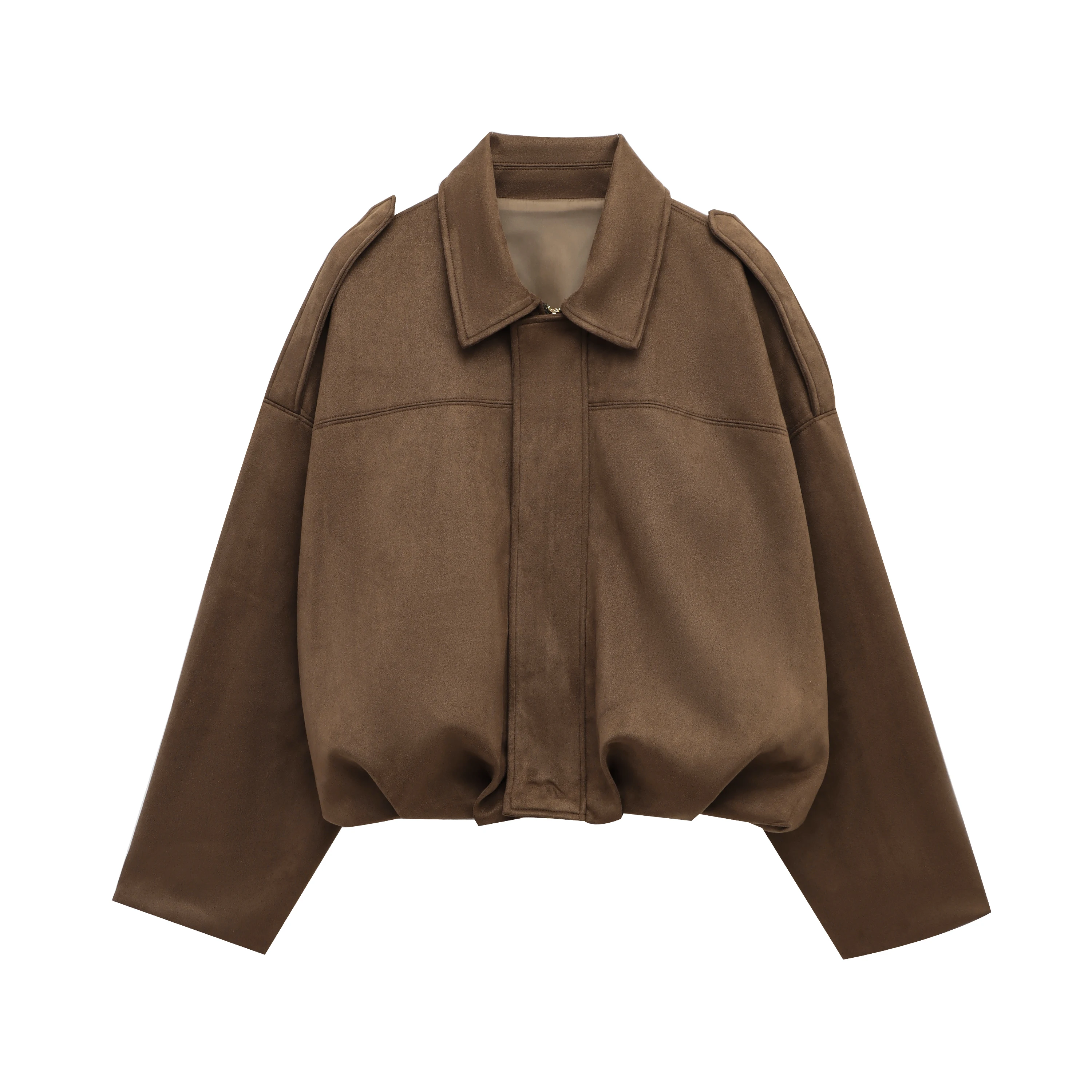 HH Vrouwen Bruin Groen Suede Jas Losse Casual Bomberjas Revers Rits Lange Mouw Jassen Vintage Dame Motorfiets Outwears
