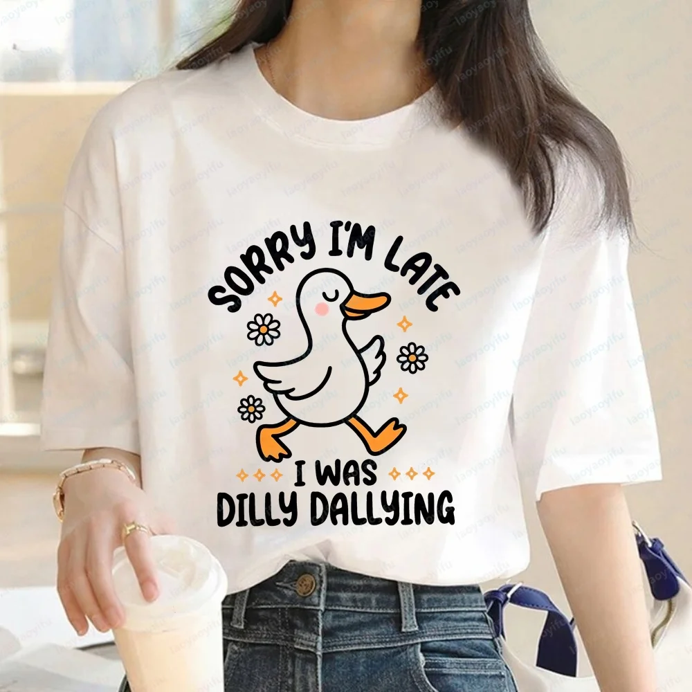 Funny Duck Dilly Dallying Sorry I Am Late Women's Unisex Humorous Street Style Casual Round-neck Comfortable T-shirt