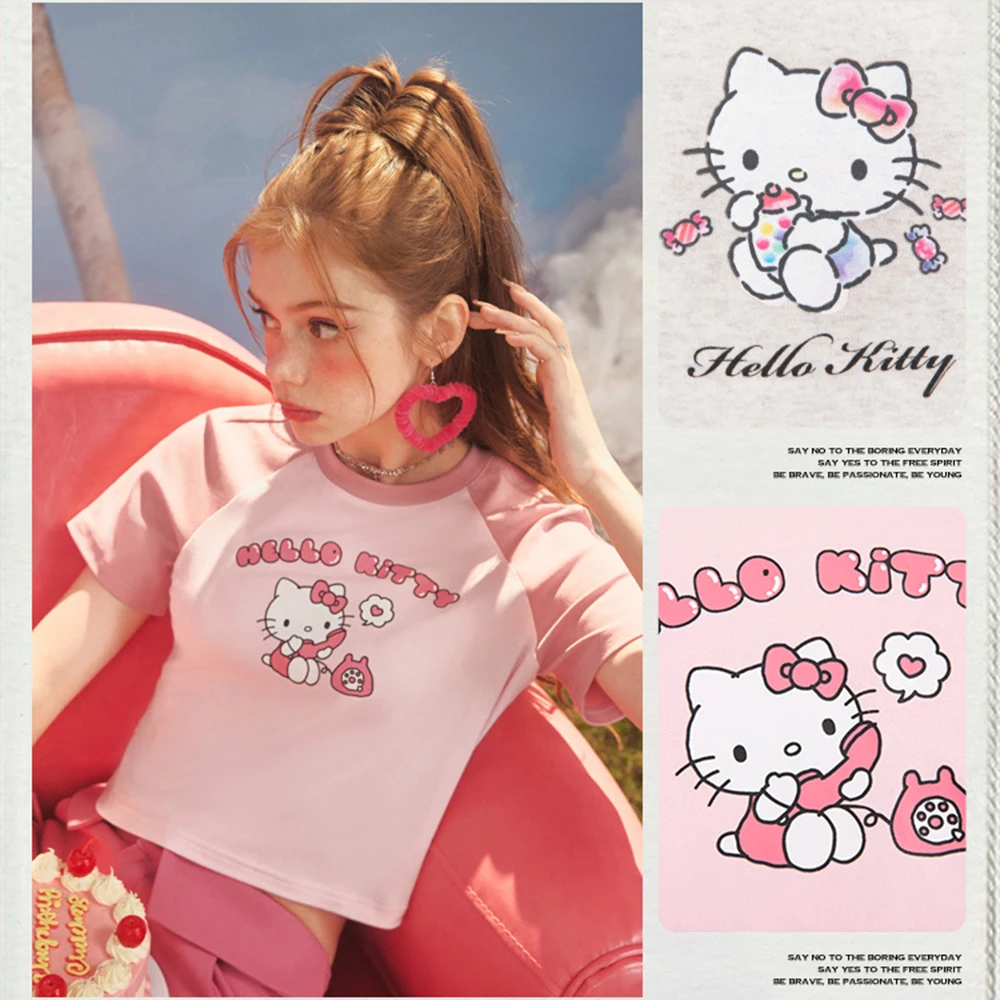 Anime Hello Kitty t-shirt Sanrio Kawaii figura estate manica corta nuovo stile corto dolce Kt top studente Hot Girl Trend Fashion