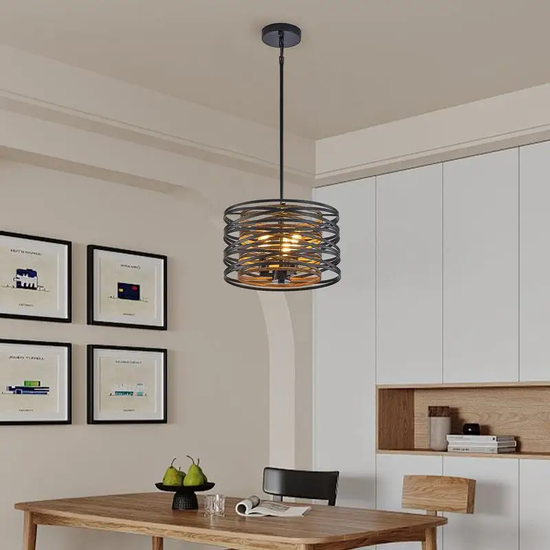 13" rustieke industriële 3-lichts hangende kroonluchter, zwart en walnoot metalen kooi met houten accenten voor keukeneiland en eetkamer