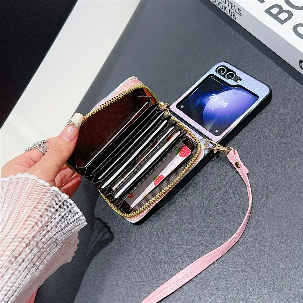 Crossbody Zipper Wallet with Card Holder Phone Case for Samsung Galaxy Z Flip 6 5 4 3 Flip5 Flip4 Flip3 Colorful Glitter Cover