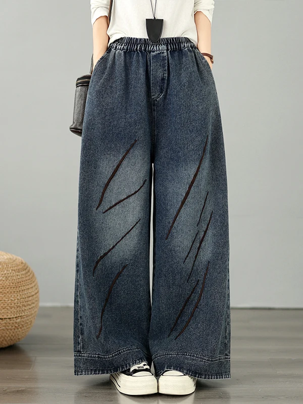 High-End Women's Soft Denim Retro Embroidered Elastic Waist Casual Wide Leg Pants Autumn Collection Versatile Straight Cut Jeans