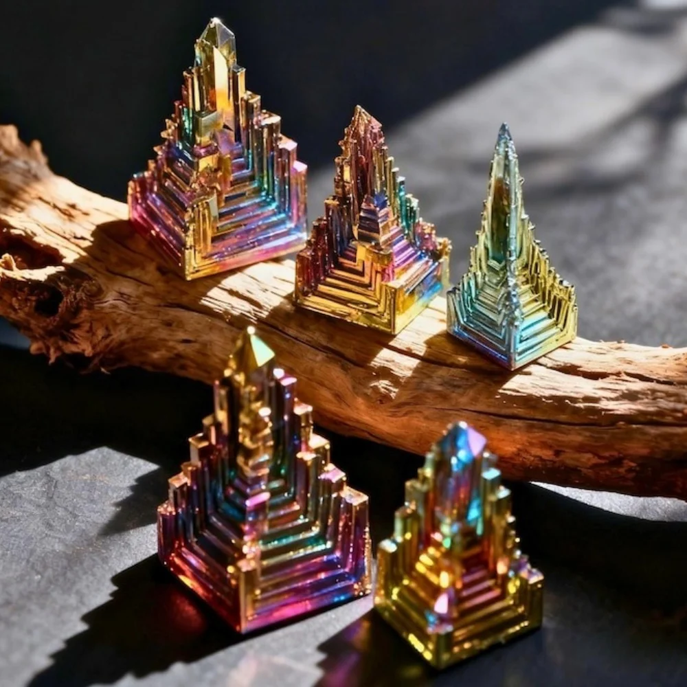 1pc Artificial Aura Colorful Pyramid Rainbow Aura Ore Mineral Collectible Specimen Metal Ornament Home Decor