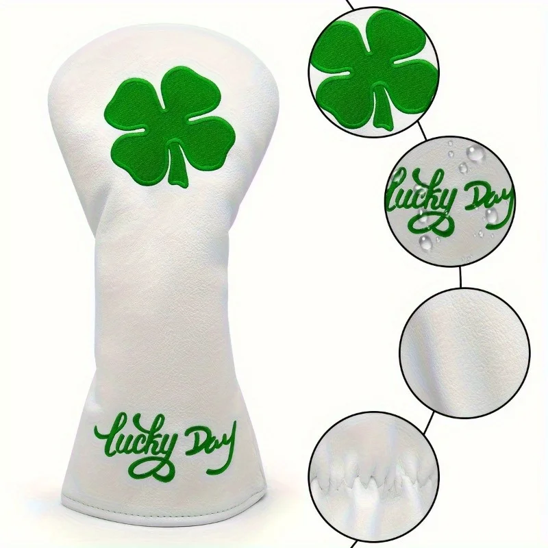 Lucky Clover Golf Club Head Cover - Fits Most Woods & Hybrids, Stretch Closure, Durable Pu Material