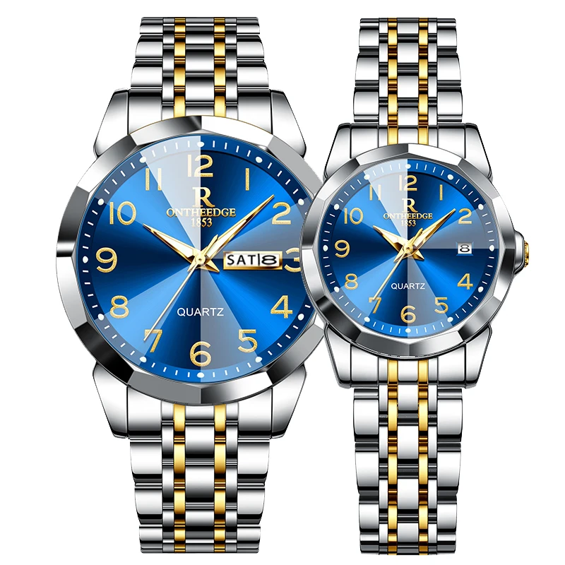 Fashion Couple Watches Rhombus Mirror Luxury Quartz Men and Women Wristwatch Waterproof Luminous Date Week His and Her Watch