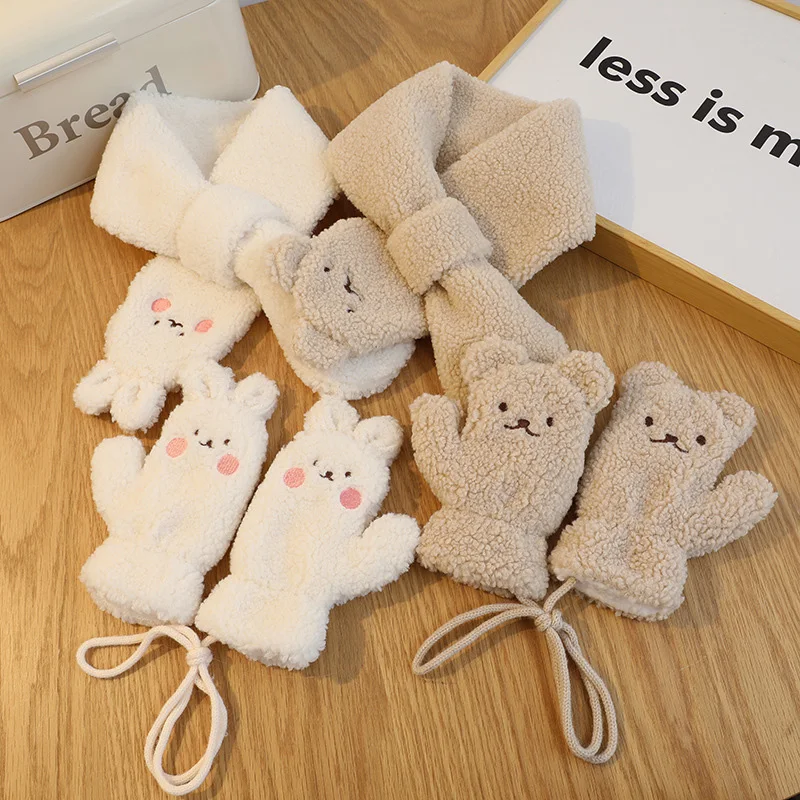 2Pcs Winter Baby Scarf Gloves Set Lamb Wool Thick Kids Scarves Mittens Suit for Girl Boy Cartoon Bear Bunny Children Neck Warmer