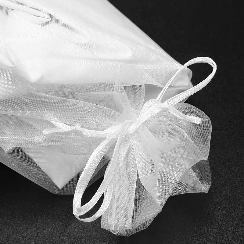 60Pcs Sheer Organza Wine Bags 14X37cm Reusable Simple Bottle Wrap Dresses Festive Packaging Drawstring Pouches (White)