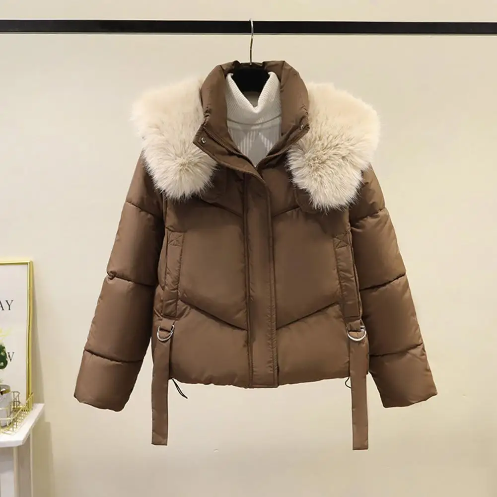 Winter Women Down Coat Solid Color Furry Hooded Stand Collar Padded Coat With Pockets Thick Zip-up Strap Decor Outwear