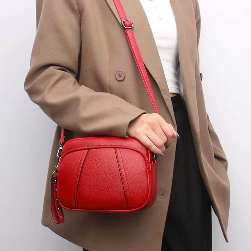 Einfarbige modische Niet Reiß verschluss Damen Handy tasche einfache weiche Leder Schulter Cross body kleine quadratische Tasche Handtasche – Detail 8