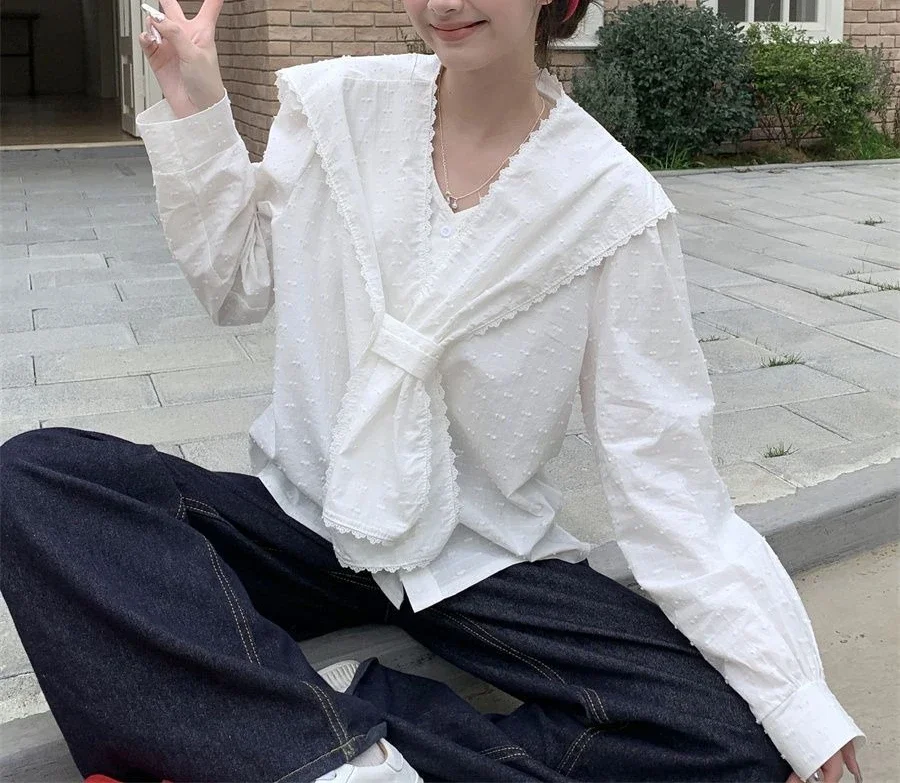French Style Lace Navy Collar Pure Cotton Shirt for Women Spring White Design Unique and Chic Baby Doll Shirt