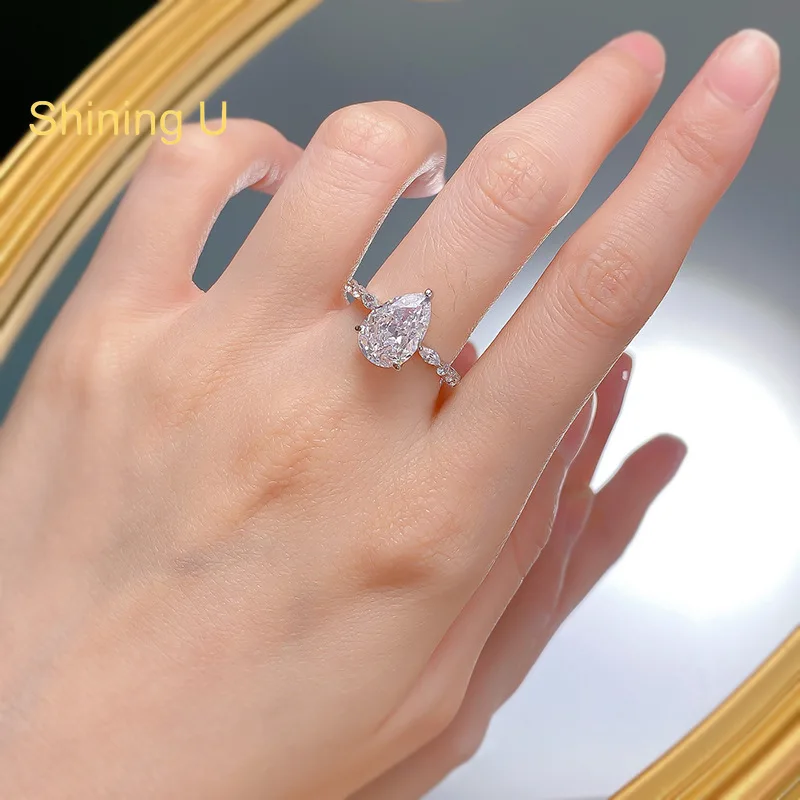 Shining U S925 Silver High Carbon Diamond 8*12mm Pear Ring for Women Fine Jewelry Engagement