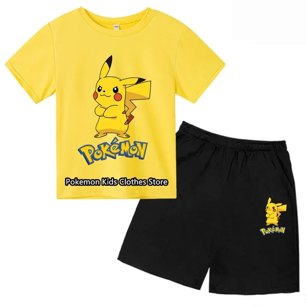 Summer T-shirt Short Set Casual Wear 3-12 Years Old Kids' Pokemon Pikachu Kids' T-Shirt Boys Tops Children's Sets