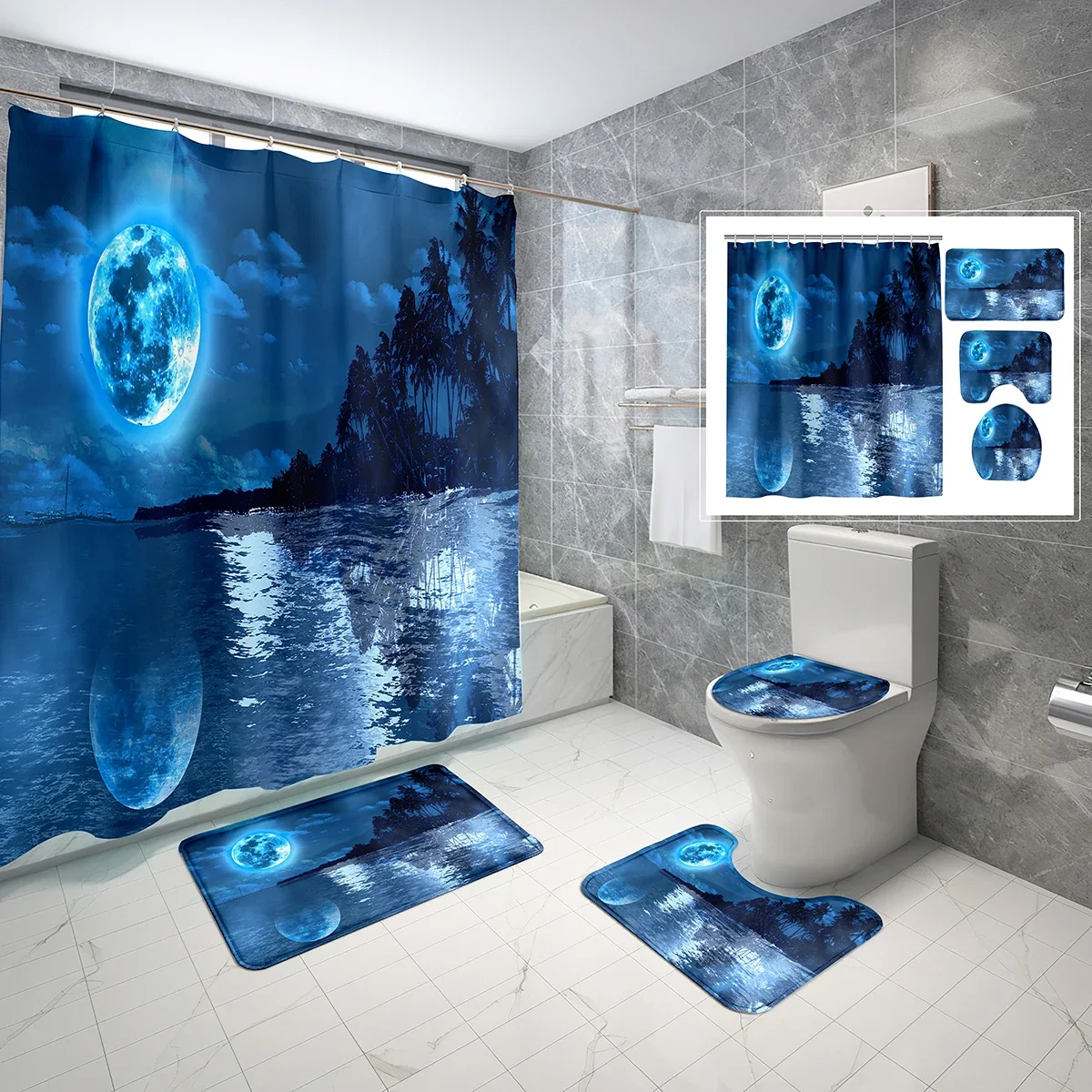 Moon Shower Curtain Set Ocean Mountain Clouds 4 PCS Shower Curtain Bathroom Non-Slip Bath Mat Toilet Cover Shower Curtain Set