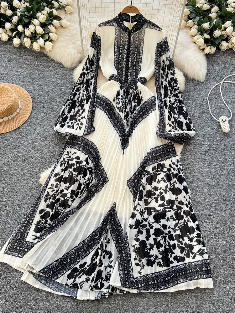 Vrouwen Vintage Geplooide Avondfeest Jurk Lente Herfst Hoge Taille Gedrukt Lange Jurken Dames Slanke A-lijn Chiffon Lange Gewaad - afbeelding 1