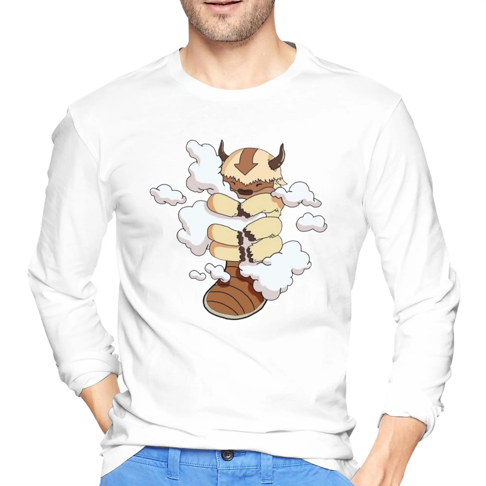 

Appa Cuddling Clouds Avatar The Last Airbender Men's Long Sleeved T-shirt Round Neck T shirts Spring and Autumn Men tops