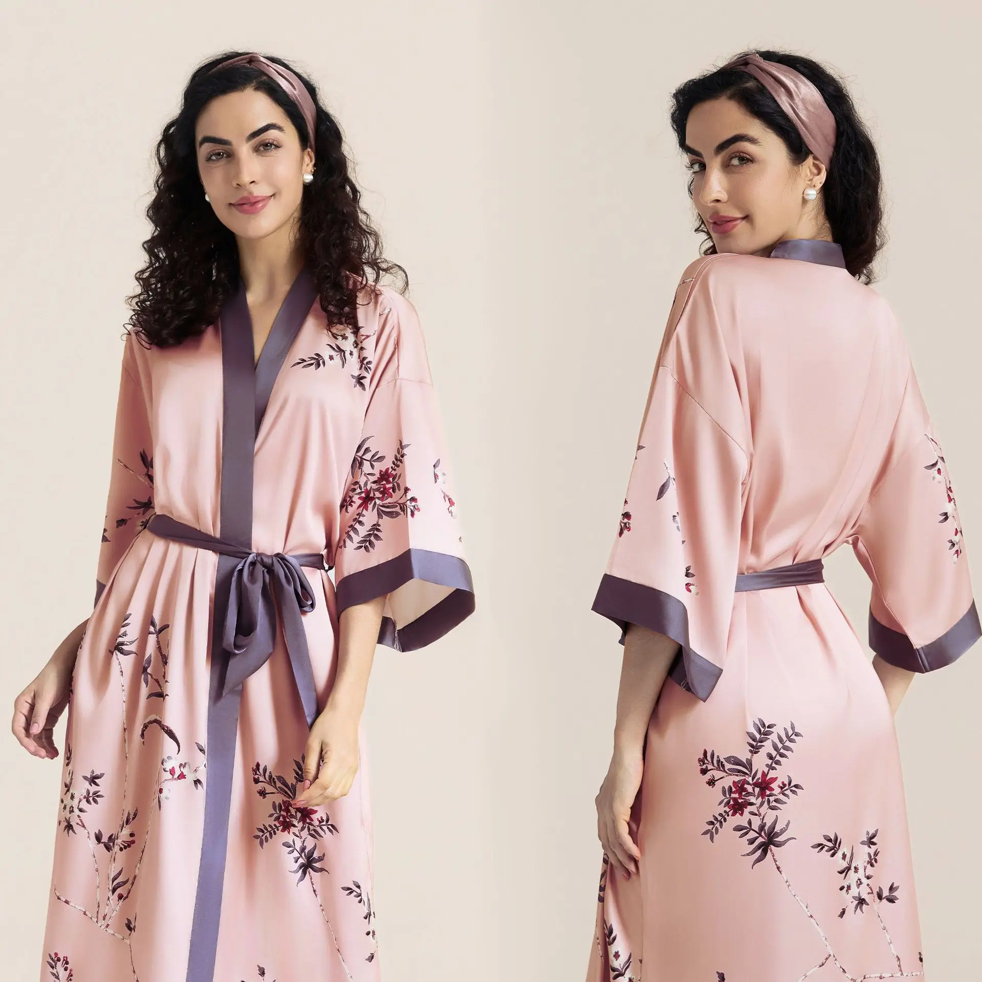 

New Female Long Robe Flower Print Wedding Dressing Gown Bathrobe Kimono Gown Gift luxury Silky Sleepwear Nightgown Loose Pajamas