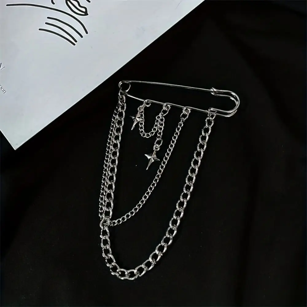 Y2K Punk Star Cross Chain Brooch Tassel Pendant Metal Chain Cardigan Clip Multi-layer Waist Chain Sweater Collar Clip Dress