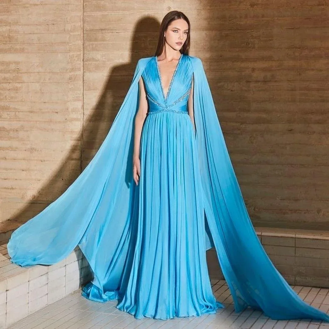 

Customized Elegant V Neck Women Long Evening Dress For Wedding Party Dresses With Cape A Line Floor-Length Ruched Chiffon Prom D