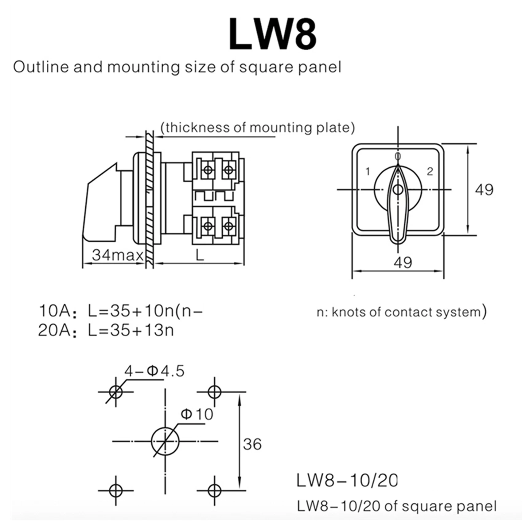 A97I-4X Rotary Switch On-Off-On 3 Position 4 Phases 20A 500V Double Speed Motor Switch Small Plate Changeover Cam Switch