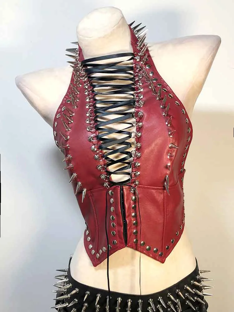 Goth Tops Grunge Emo Clothing PU leather Black Rave Outfits Kawaii Y2K Punk Rock Clothes Gothic Tank Boho Festival Bra Spiked