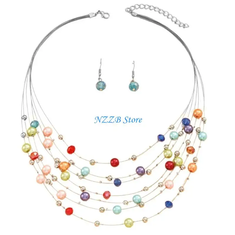 

T21F Dazzling Women's Jewelry Set Fashionable Women Jewelry Set Colorful Neckchain Earrings for Banquets and Gifts