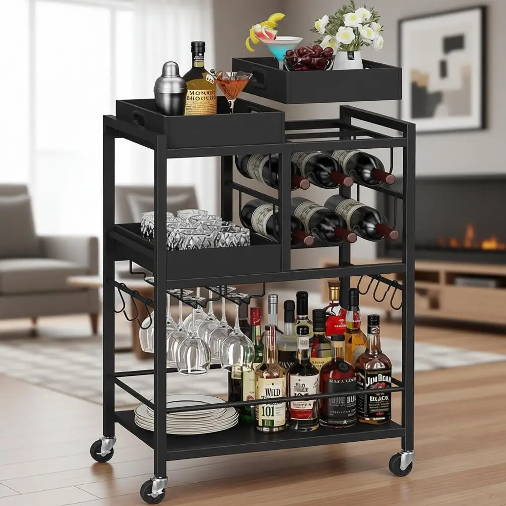 

3-Tier Rolling Kitchen Cart with Wine Rack & Glass Holder, Black