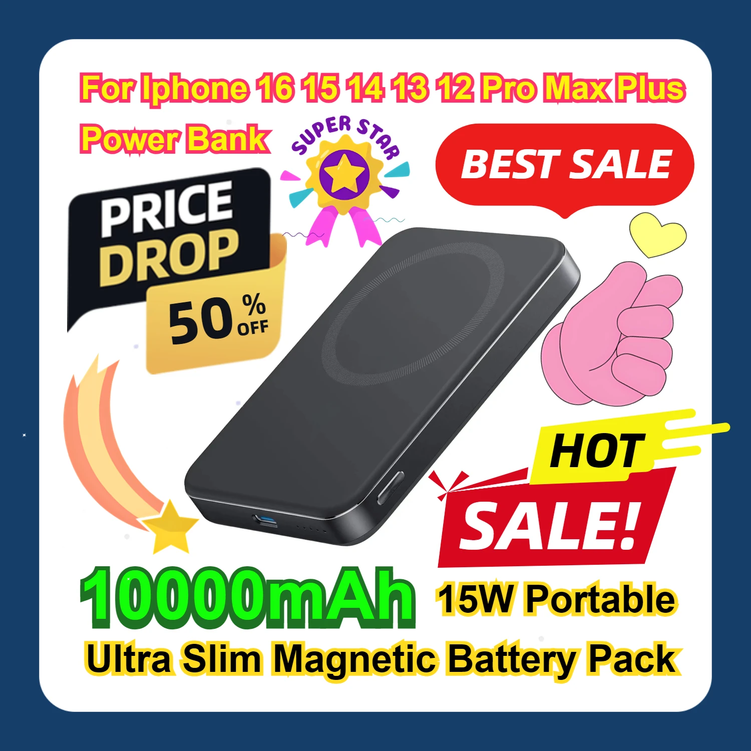 For Iphone 16 15 14 13 12 Pro Max Plus Power Bank 10000mAh Ultra Slim Magnetic Battery Pack 15W Portable