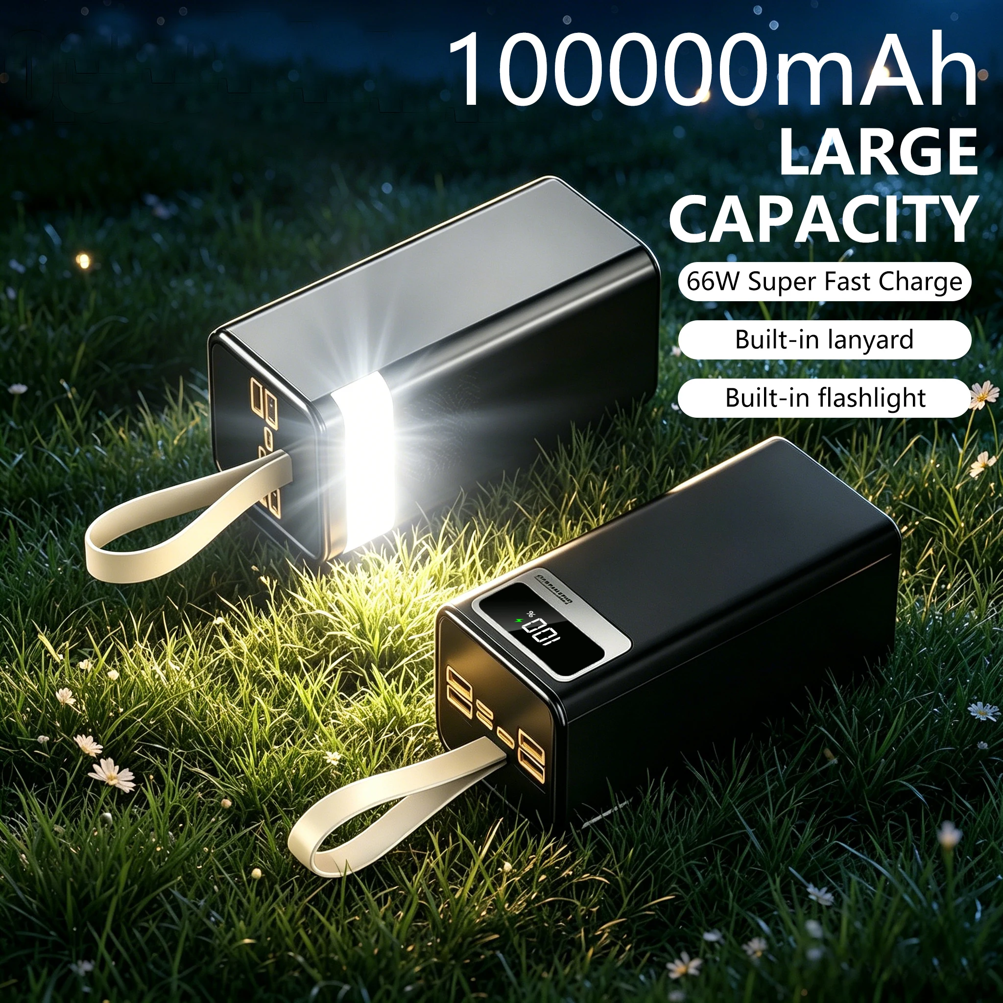 100000mAh Large Capacity Portable Power Bank, 66W Two-way Fast Charging, Can Charge Multiple Devices Simultaneously, with LED Power Display, Lanyard, Portable Mobile Phone Charger, Outdoor Emergency Backup Power Supply, Essential for Travel