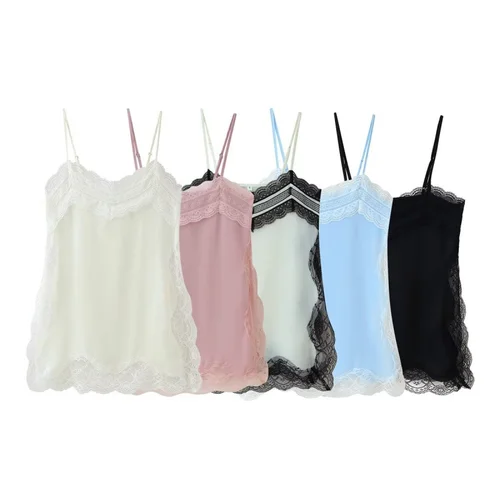 Imagen 1 del producto Todas las estaciones, Tops con abertura de retazos de encaje sin espalda de Color sólido, ropa interior de satén para mujer, Tops con cuello Halter, ropa de vacaciones Sexy para mujer 2025