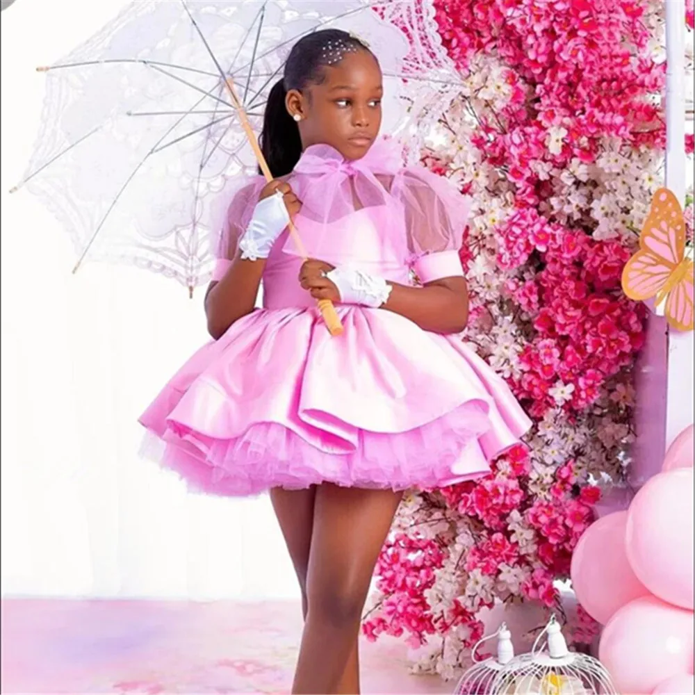 Vestido de fiesta rosa, vestidos de niña de flores, tul personalizado con volantes escalonados, vestidos de fiesta de cumpleaños para niños, vestido de boda de cuello alto para niños