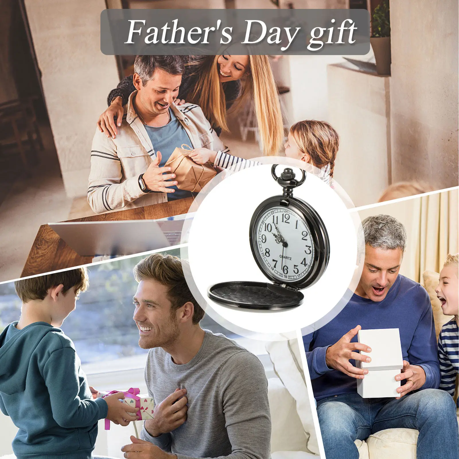 Laser Engraved Pocket Watch with Quartz Movement, 3D Simple Letter Design, Elegant Hanging Gift for Father's Day