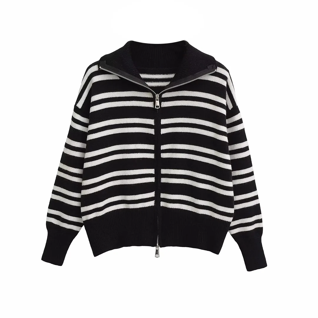 

Autumn Winter Vintage Striped Zipper Knitted Cardigan Coat Autumn Winter Lapel Loose Sweater Long Sleeved Striped Lapel Outwear