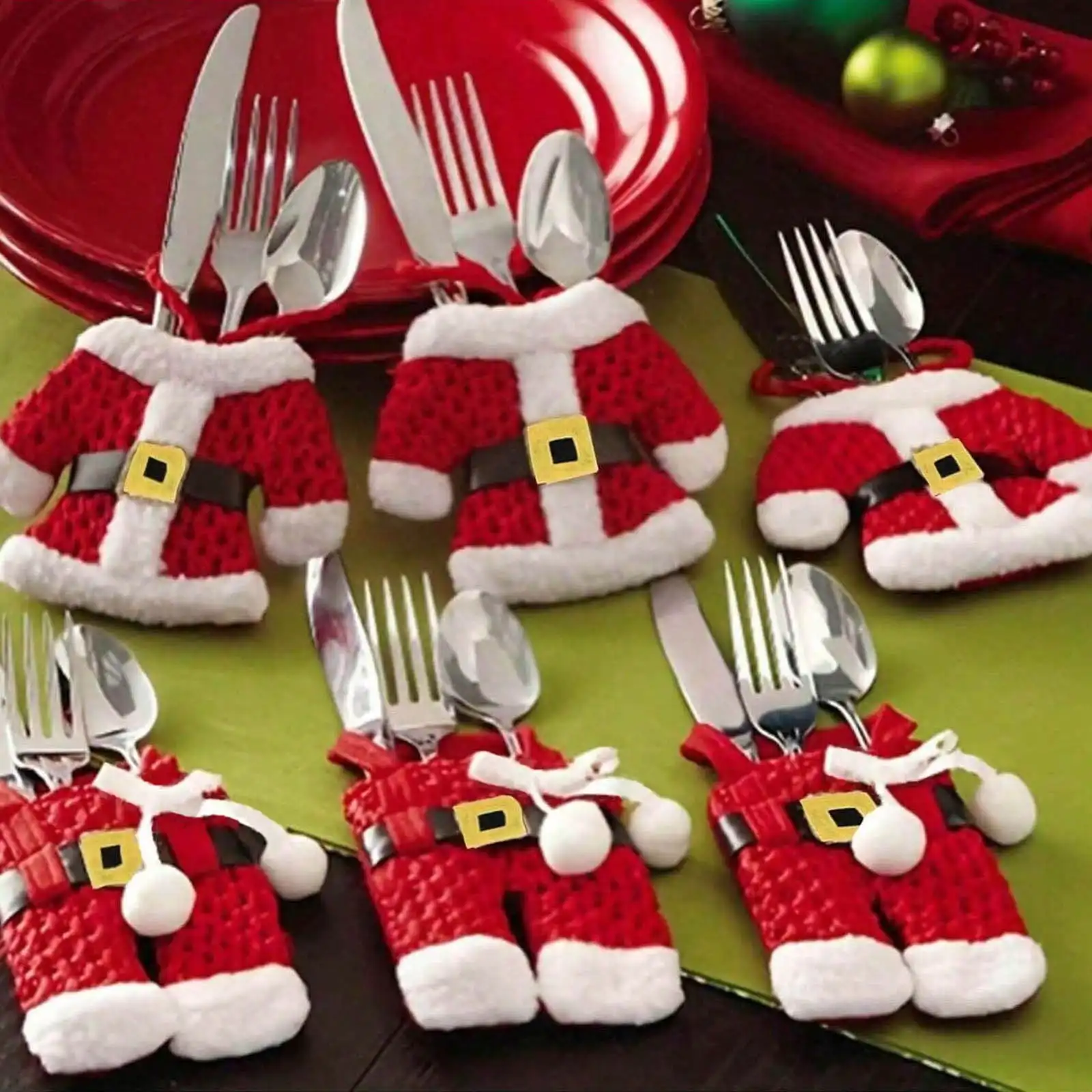

6pcs Christmas Santa Suit Canvas Cutlery Holder Set - Festive Tableware Organizer With Silverware Bag Decorations