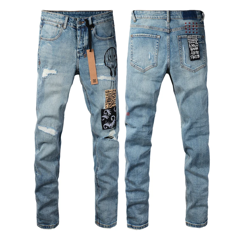 High Street Chic Hipster Plankton Softened Stretch KSUBI Jeans Hole Splicing Mend Scorpion Print Casual Skinny Jeans