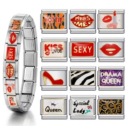 Y2K Sexy Lady ItalianĀ CharmĀ Bracelet Stainless Steel ElasticĀ LinkĀ Chain Kiss Lipstick High Heels Diy Making Jewelry Accessories