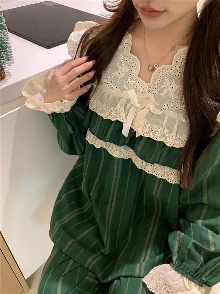 Lace New Christmas Green Cotton Warm Thicken Cute Stripe Long Sleeve Pajama Set Women Winter Korean Princess Casual Sleepwear